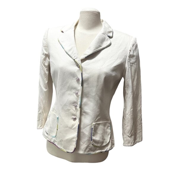 Stresa Collared Purple Button Cotton Blazer Sz 8 (Medium) Womens Cream Floral Ta - Picture 1 of 10